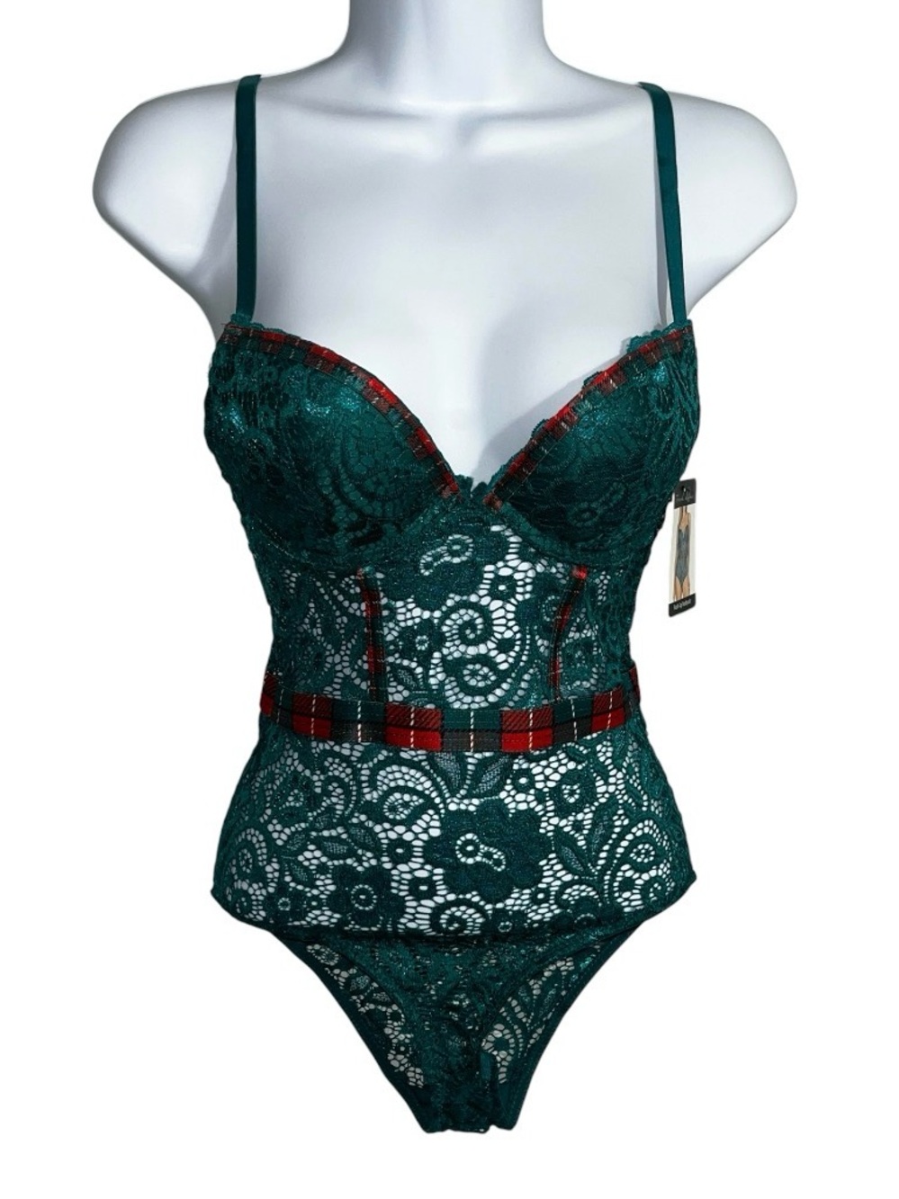 Emerald Lace Bustier Bodysuit with Plaid Trim